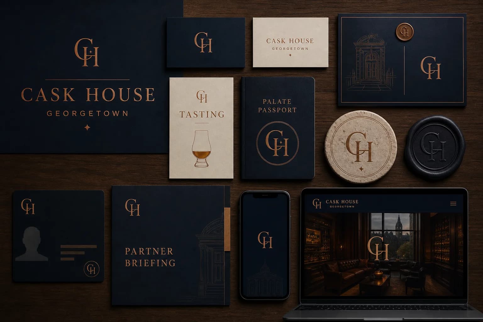 Cask House brand application board with tasting cards, passport and premium hospitality materials.