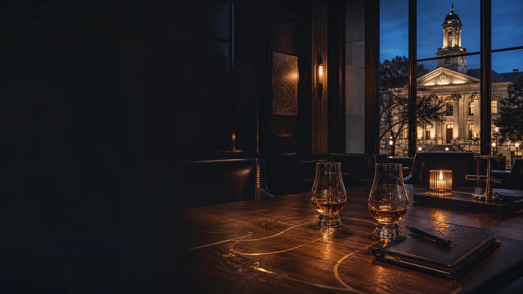 A private whisky lounge overlooking Georgetown Square at blue hour.